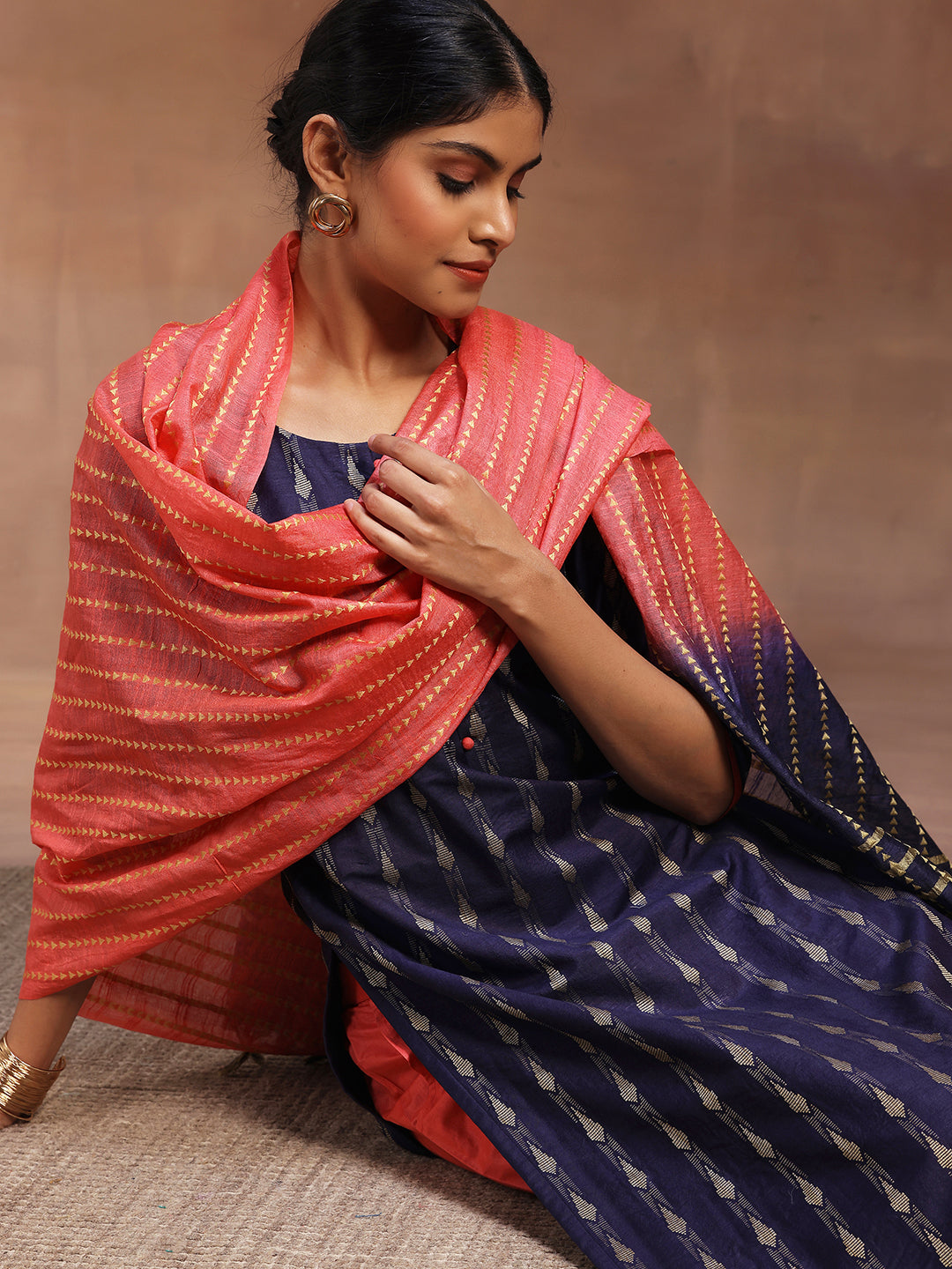 Blue Woven Design Silk Blend Straight Suit With Dupatta