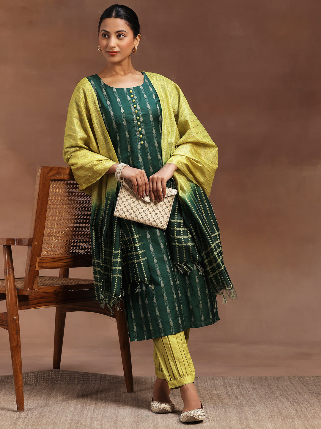 Green Woven Design Silk Blend Straight Suit With Dupatta