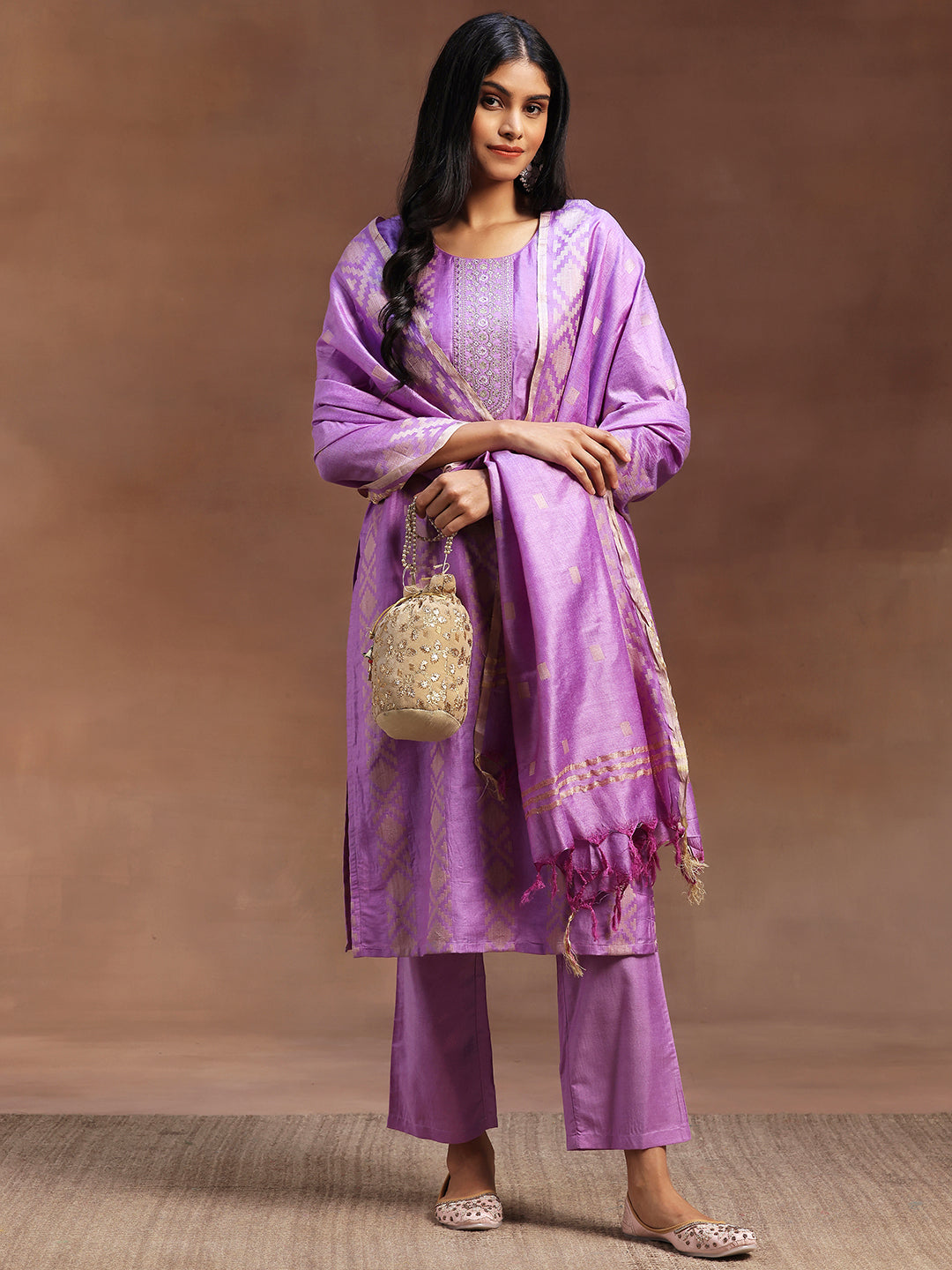  Purple Woven Design Chanderi Silk Straight Suit With Dupatta 