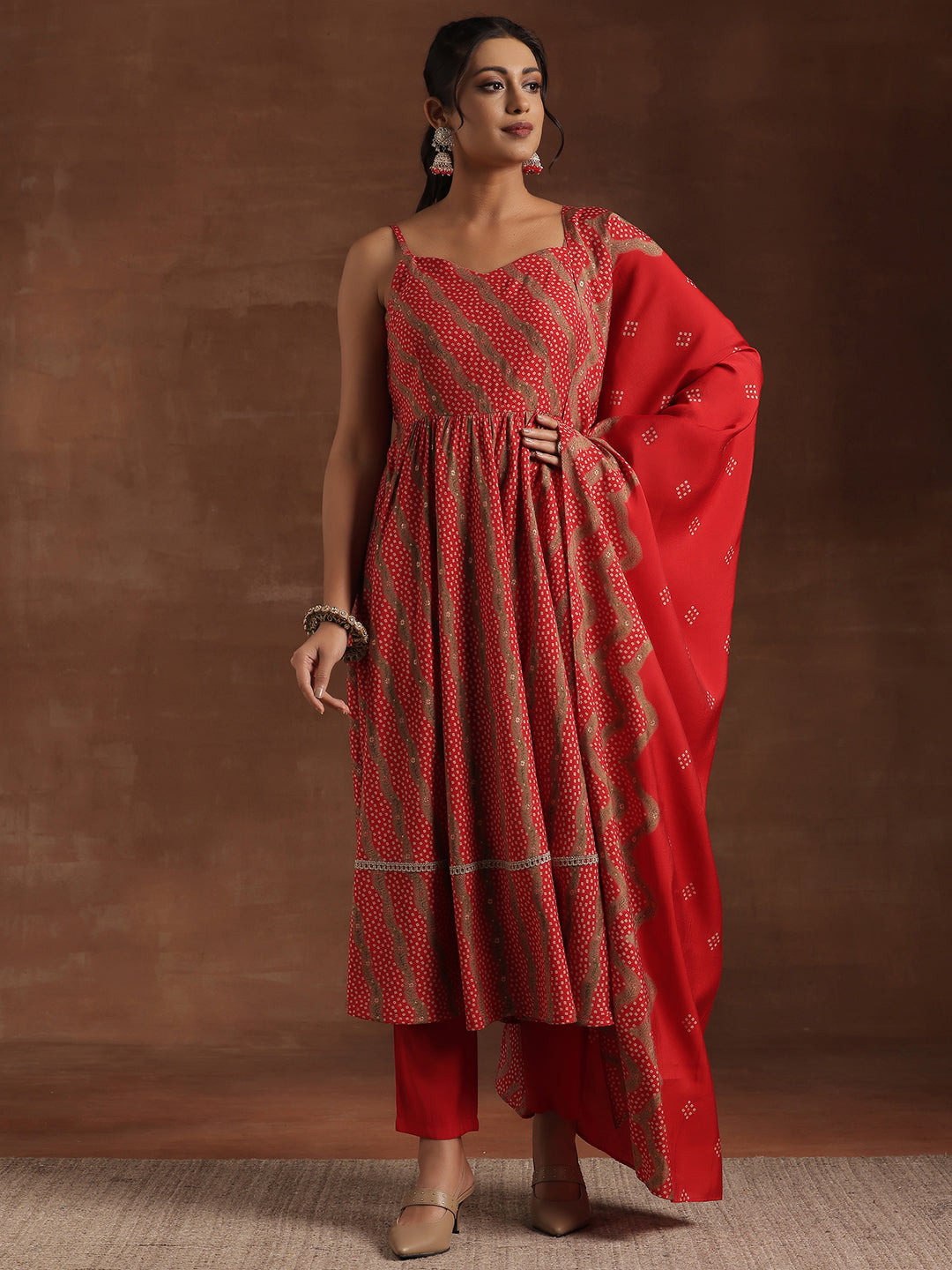  Red Printed Silk Blend Anarkali Suit With Dupatta 