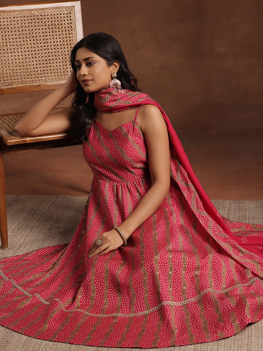  Pink Printed Silk Blend Anarkali Suit With Dupatta 