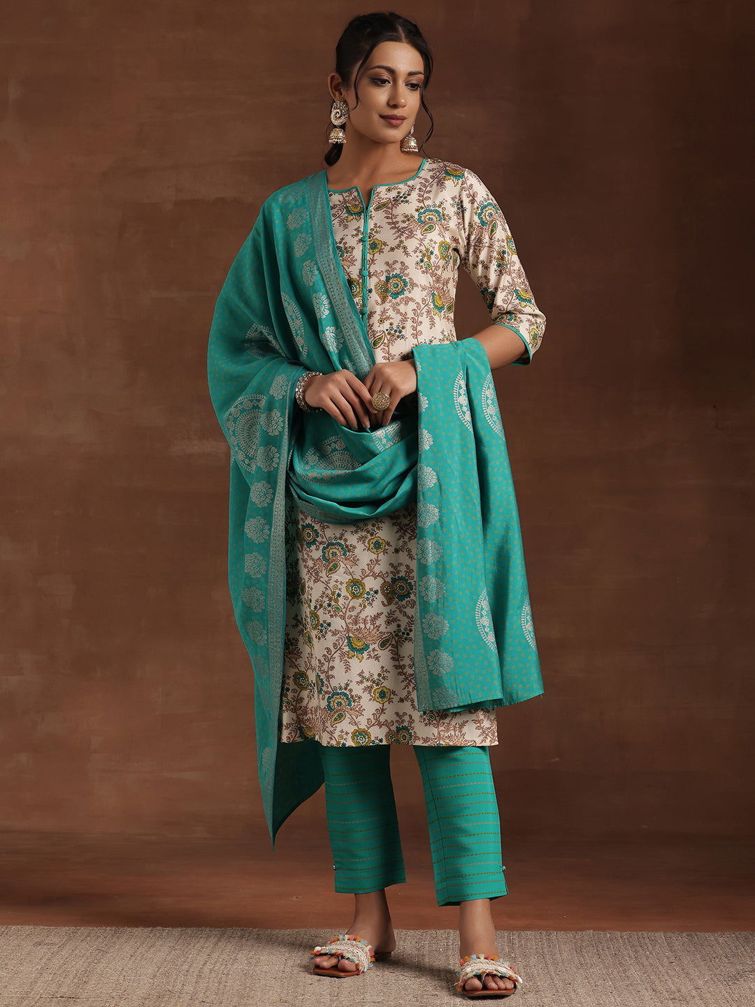  Blue Printed Silk Blend Straight Suit With Dupatta 