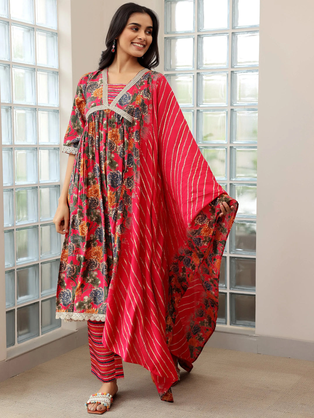  Pink Printed Silk Blend A-Line Kurta With Trousers & Dupatta 