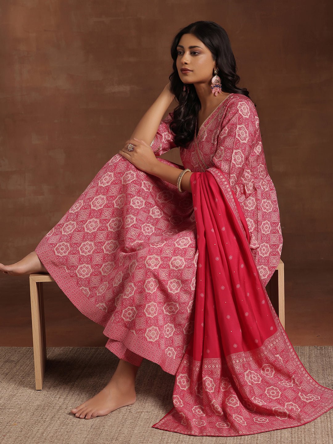  Pink Printed Silk Blend Anarkali Suit With Dupatta 