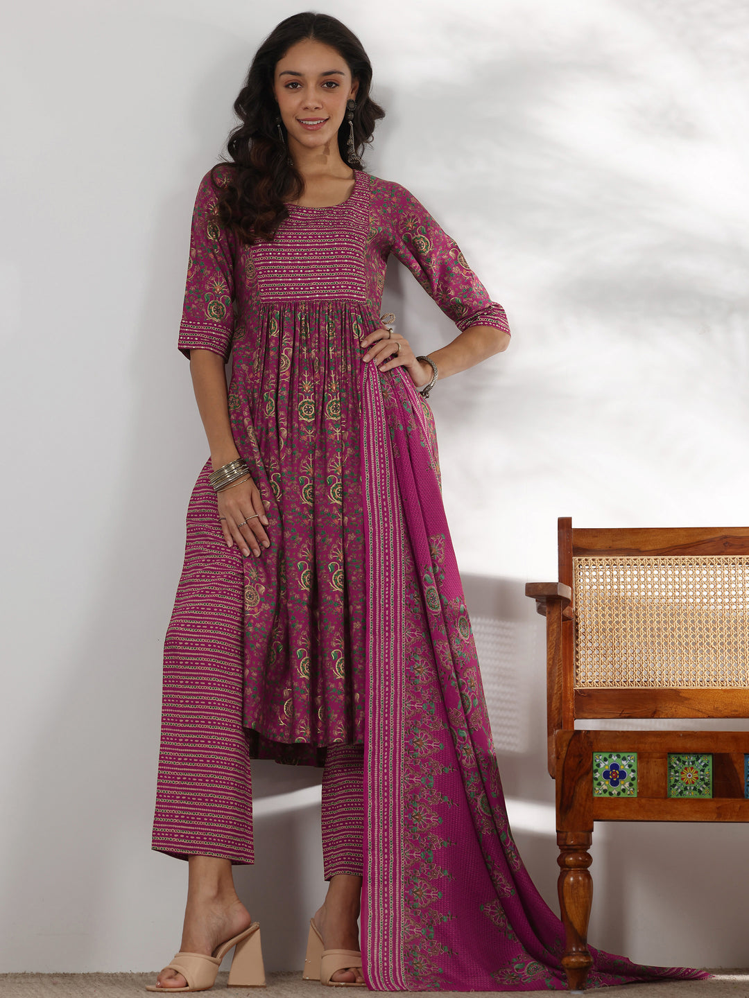  Pink Printed Silk Blend A-Line Kurta With Trousers & Dupatta 