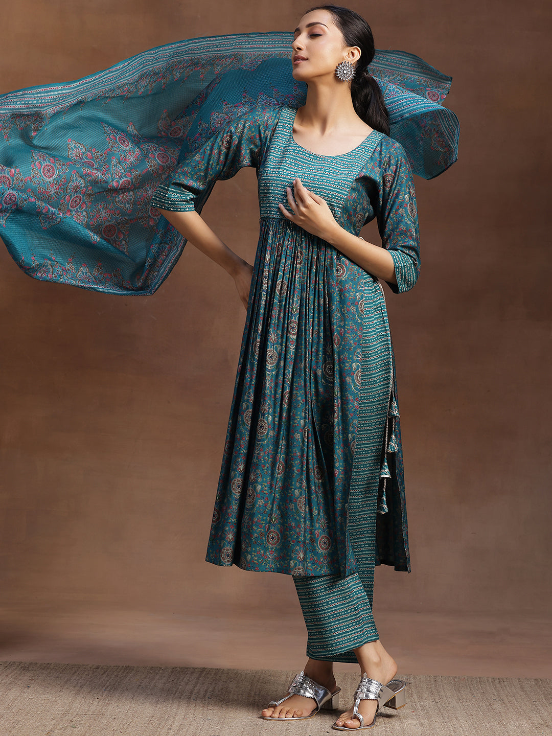 Rama Green Printed Silk Blend A-Line Kurta With Trousers & Dupatta