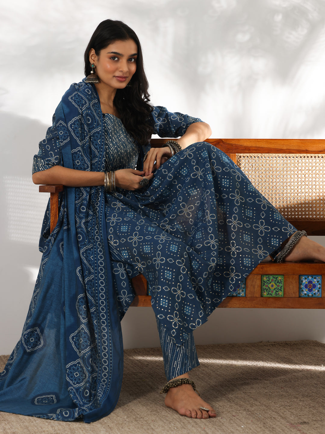  Blue Printed Silk Blend A-Line Kurta With Trousers & Dupatta 