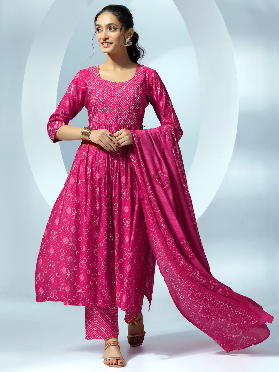  Pink Printed Silk Blend A-Line Kurta With Trousers & Dupatta 