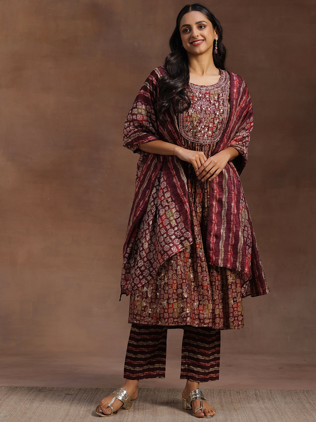 Burgundy Printed Silk Blend A-Line Kurta With Trousers & Dupatta