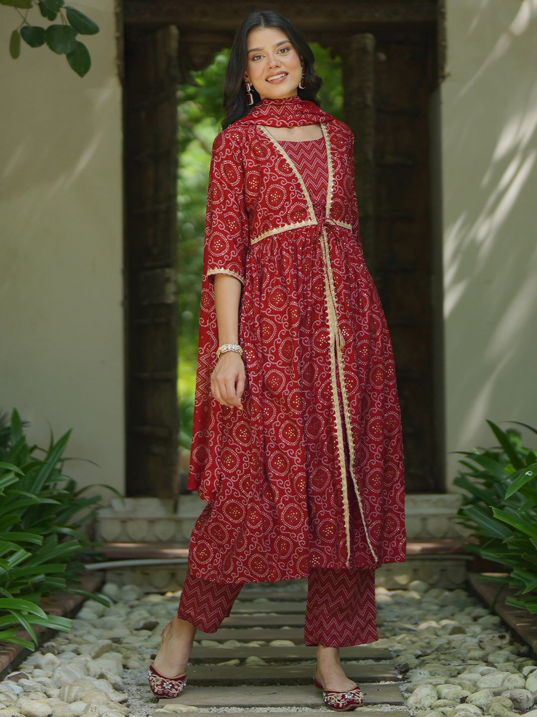  Red Printed Silk Blend A-Line Kurta With Trousers & Dupatta 