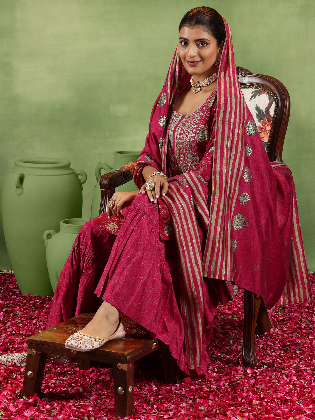  Pink Printed Silk Blend Straight Suit With Dupatta 