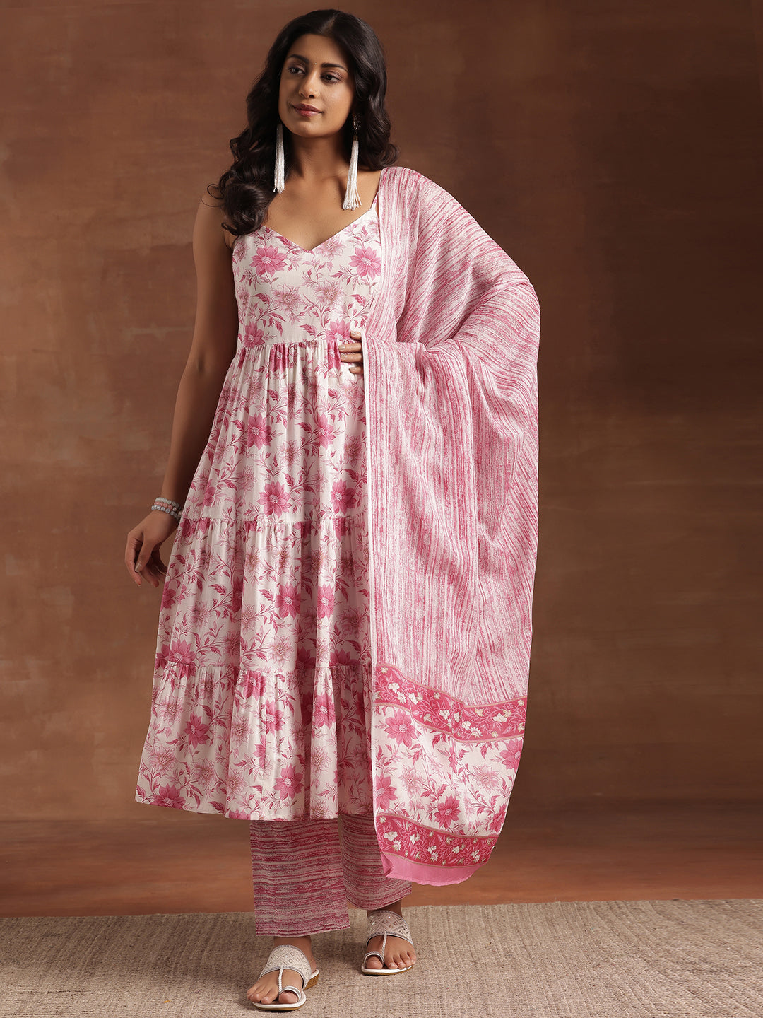  Pink Printed Cotton Anarkali Suit With Dupatta 