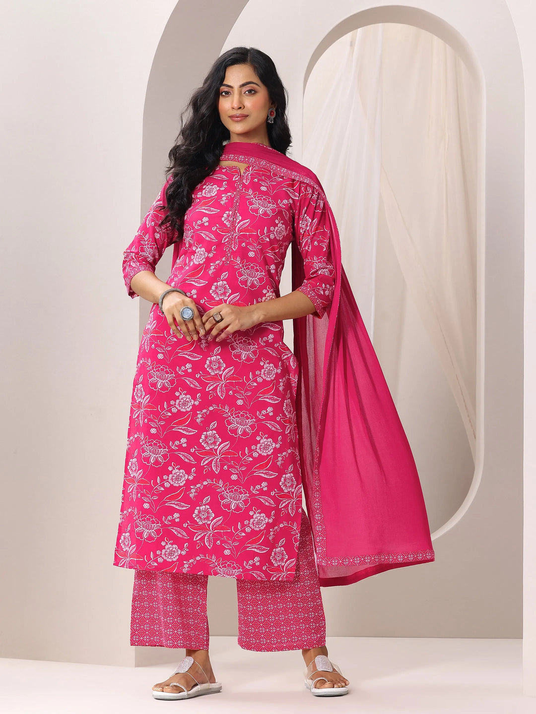  Pink Printed Cotton Straight Suit With Dupatta 