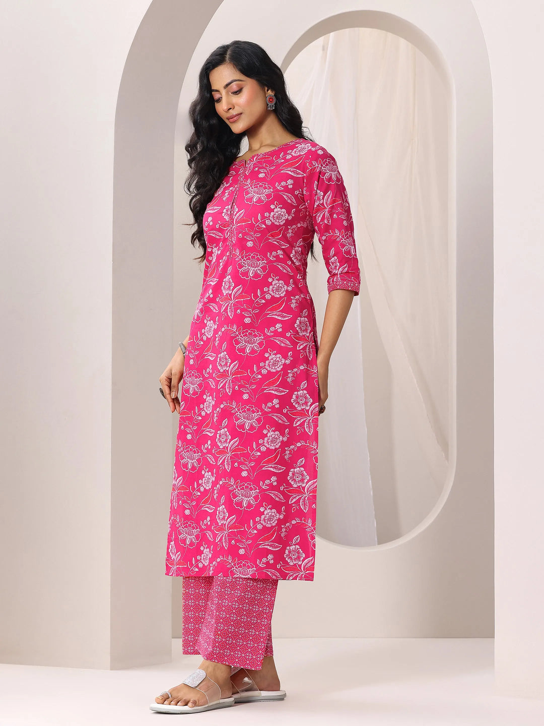  Pink Printed Cotton Straight Suit With Dupatta 