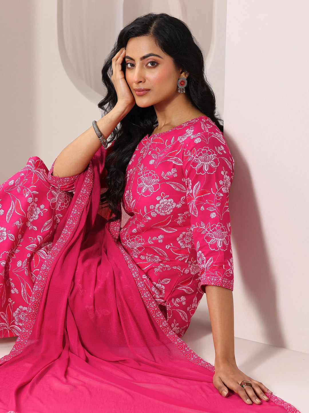 Pink Printed Cotton Straight Suit With Dupatta