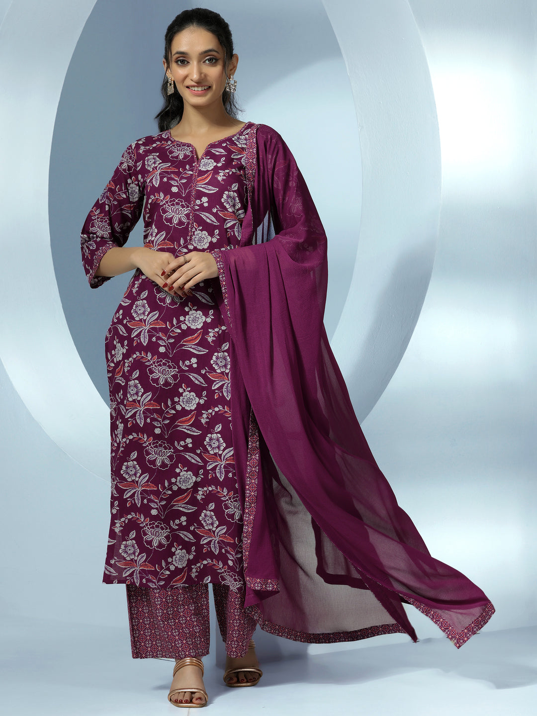  Wine Printed Cotton Straight Suit With Dupatta 