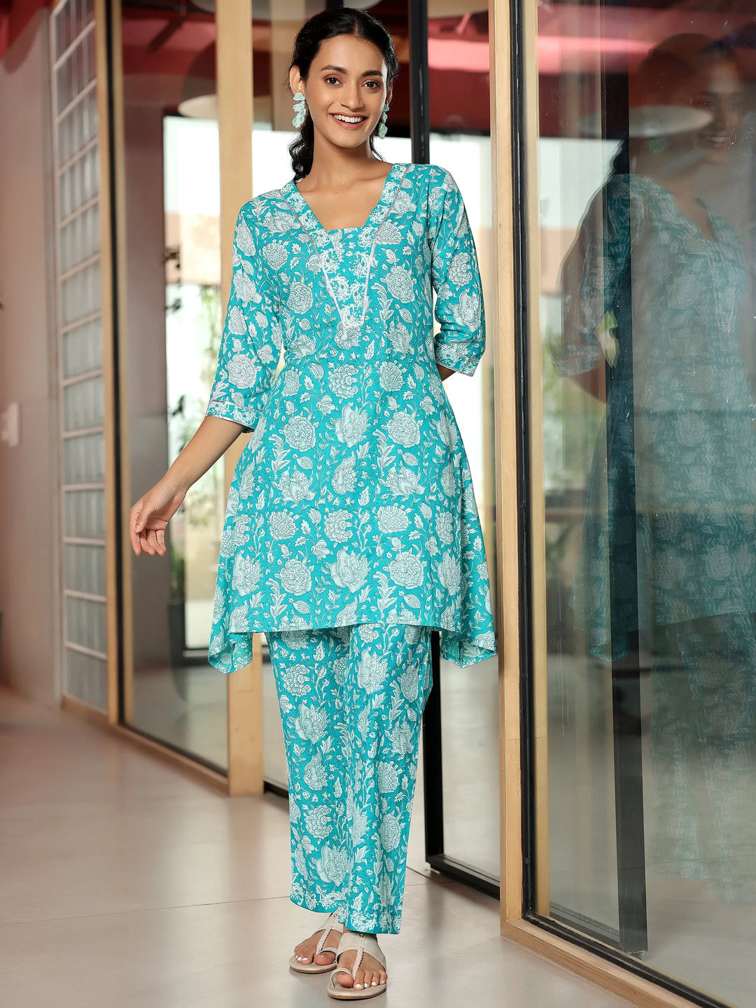  Blue Printed Cotton A-Line Kurta With Trousers 