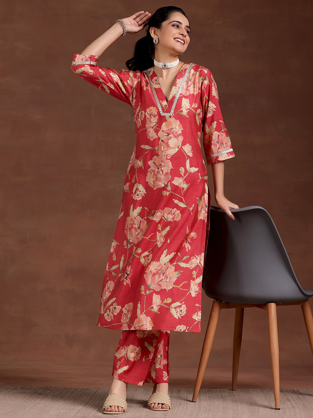 Red Printed Silk Blend Straight Kurta Set