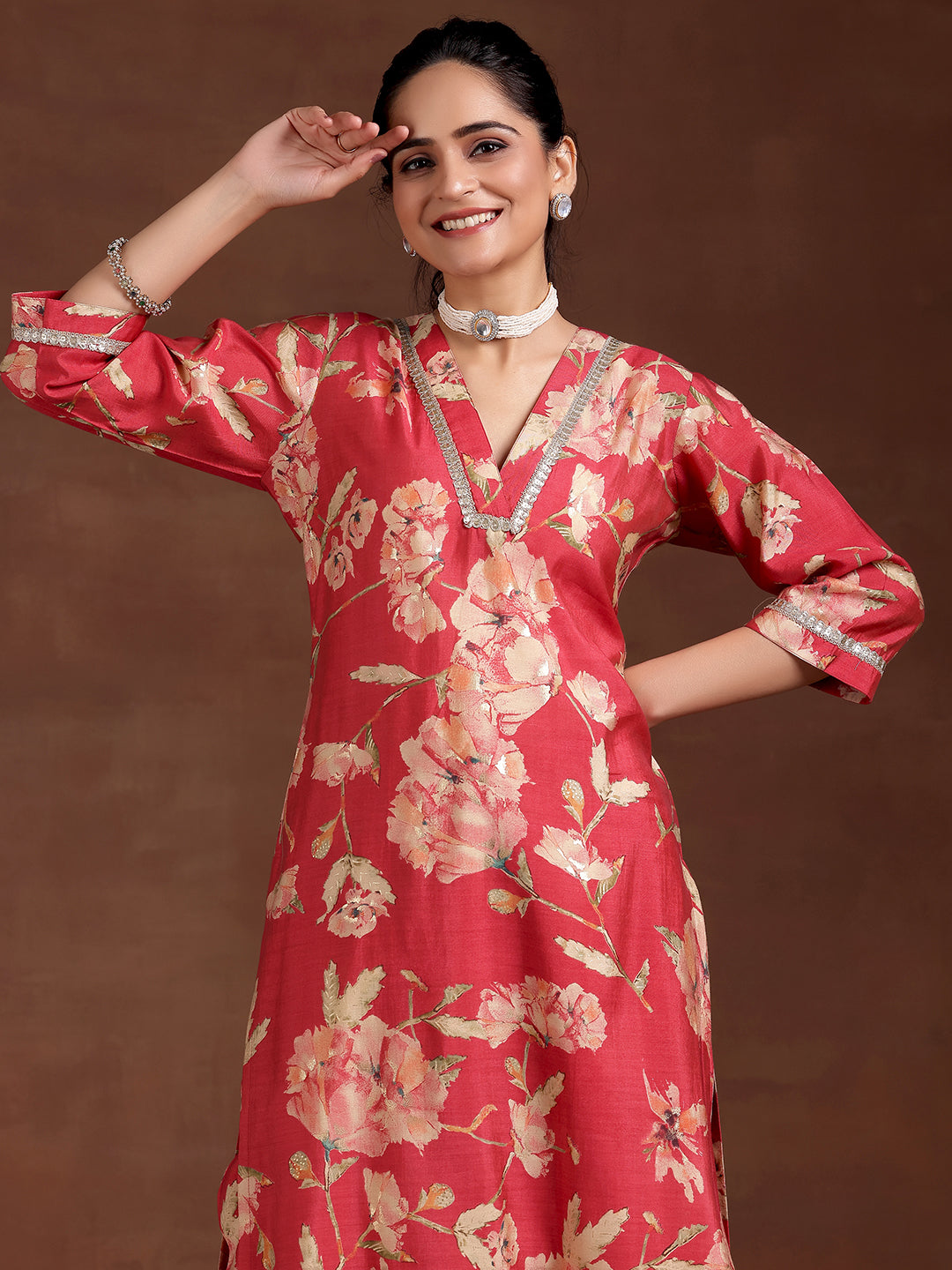  Red Printed Silk Blend Straight Kurta Set 