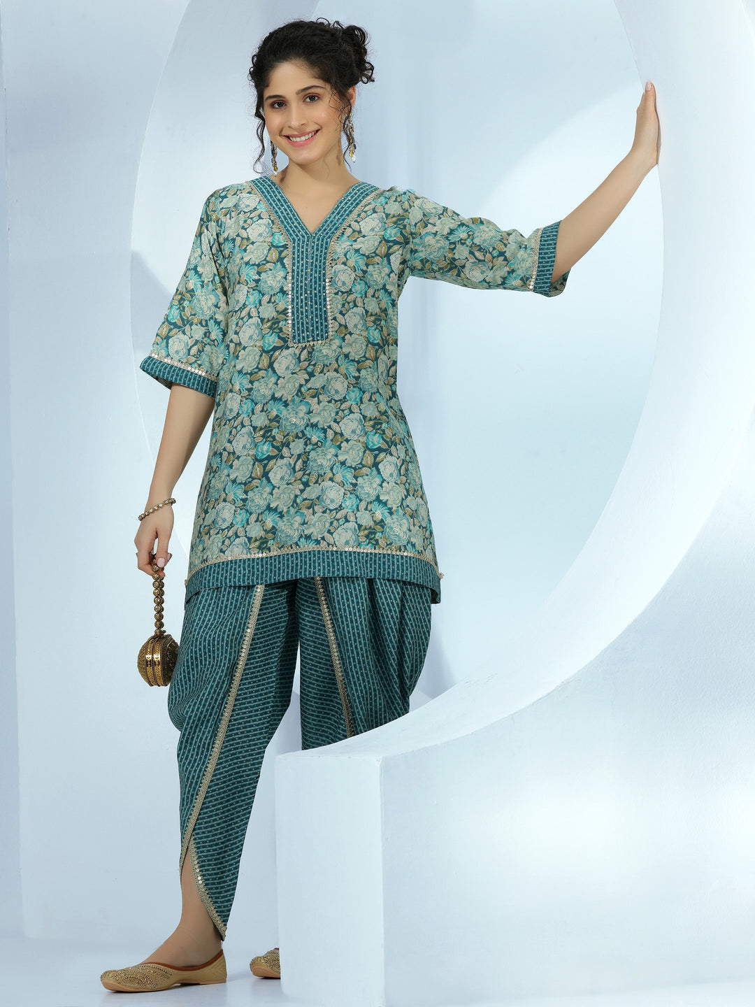  Blue Printed Silk Blend A-Line Kurta With Dhoti Pants 