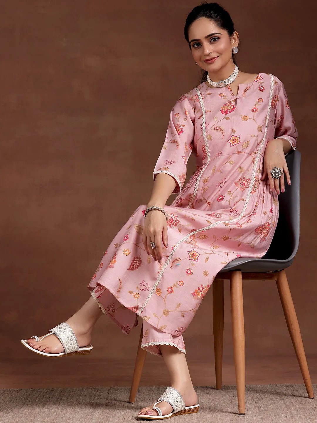  Pink Printed Silk Blend A-Line Kurta With Trousers 