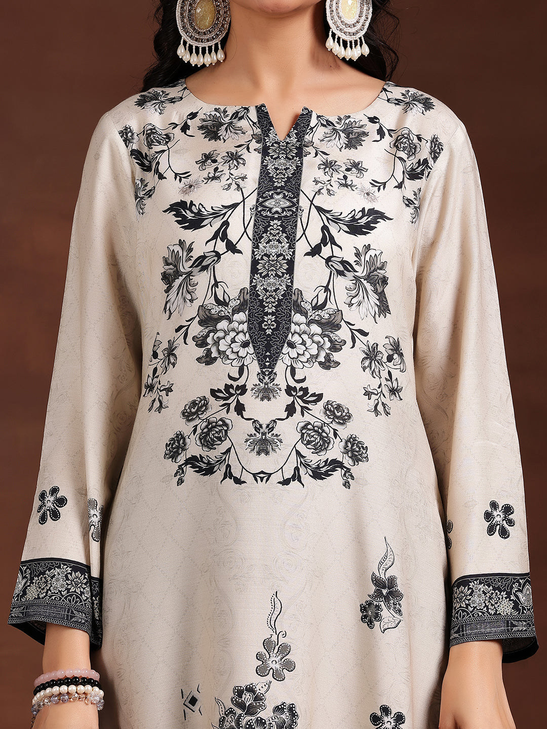  Monochrome Printed Silk Blend Straight Suit With Dupatta 