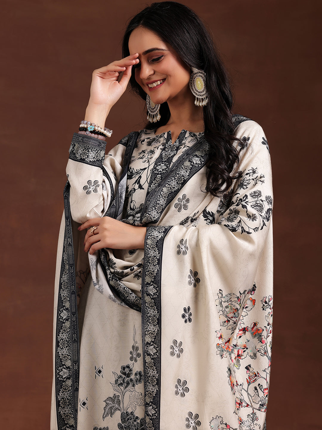  Monochrome Printed Silk Blend Straight Suit With Dupatta 