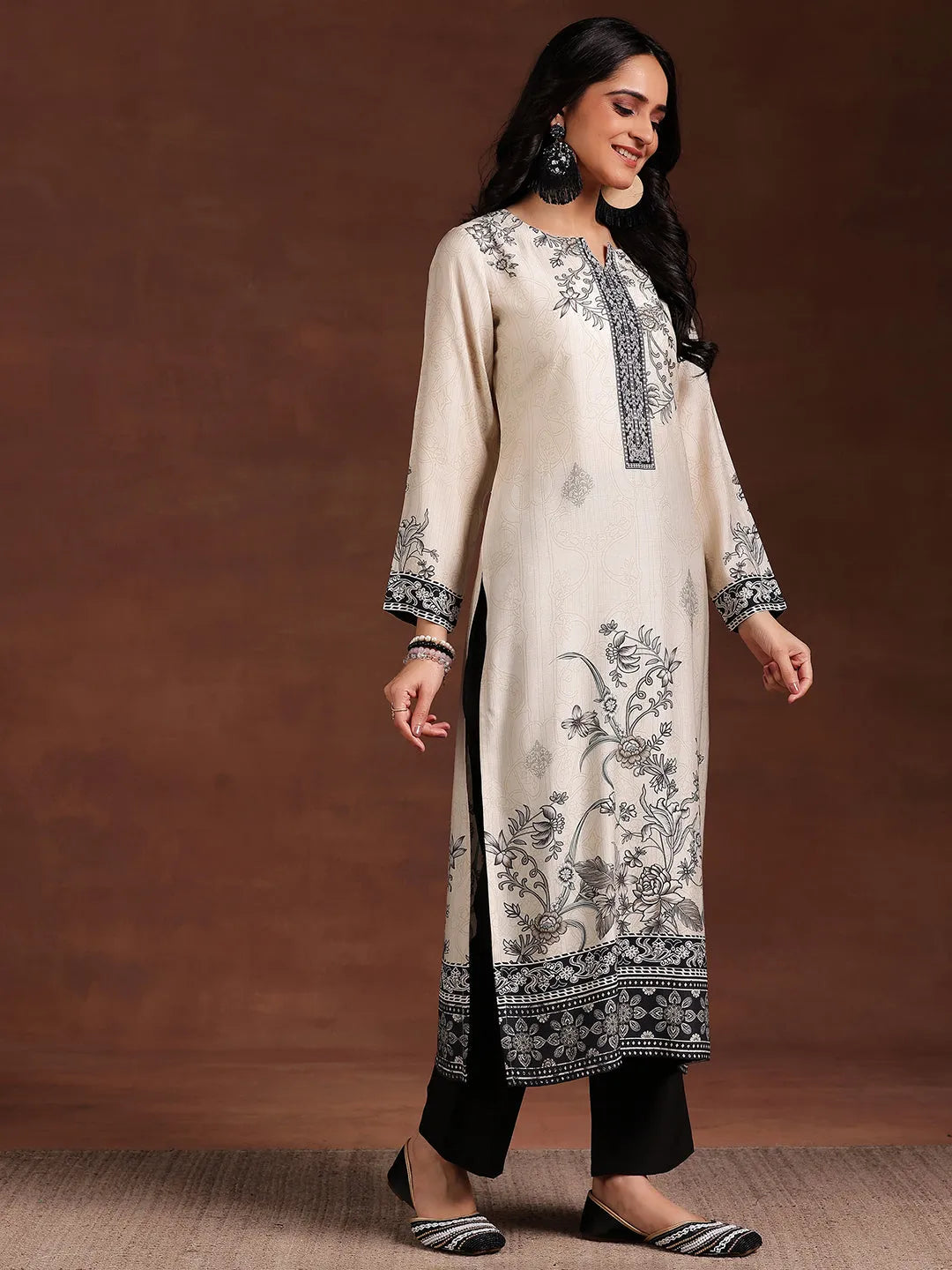  Monochrome Printed Silk Blend Straight Suit With Dupatta 