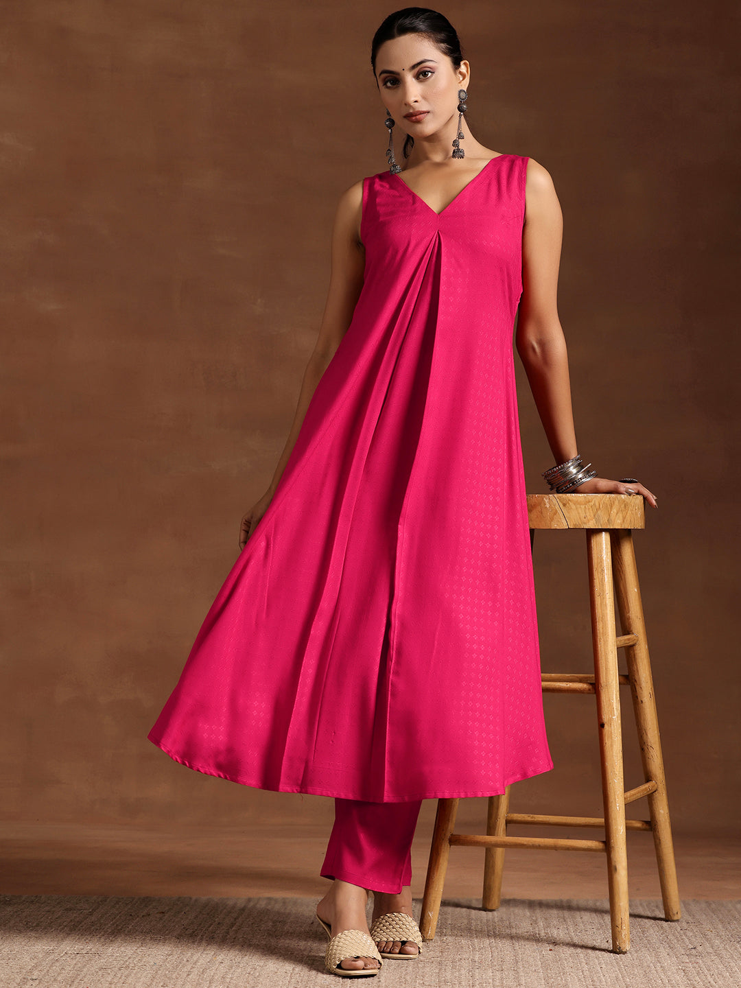 Pink Woven Design Rayon A-Line Kurta With Trousers