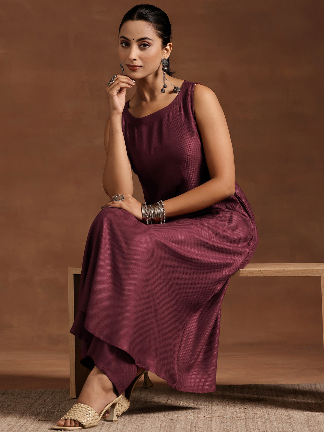 Wine Woven Design Silk Blend A-Line Kurta With Palazzos