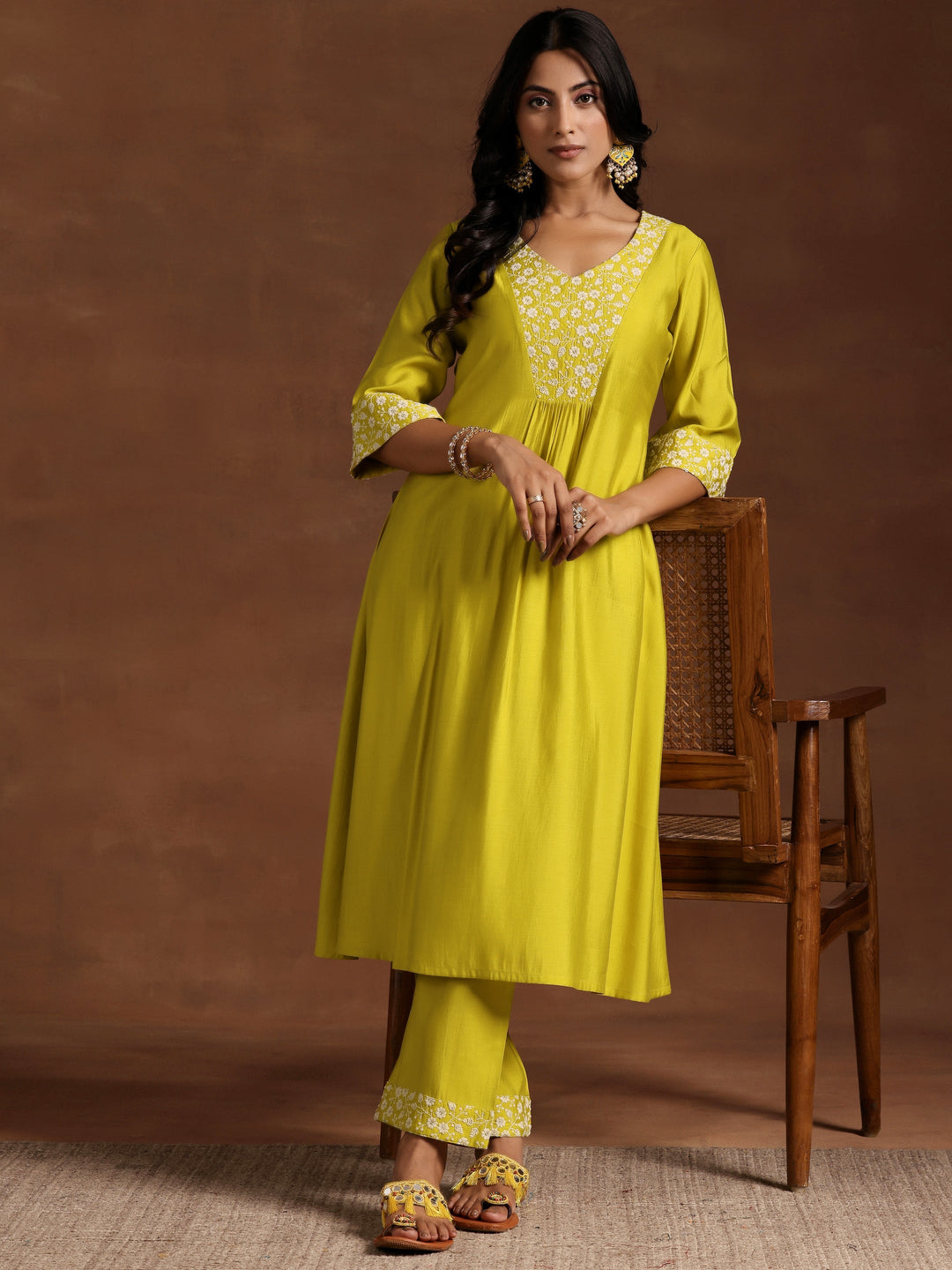 Yellow Yoke Design Silk Blend A-Line Kurta With Trousers