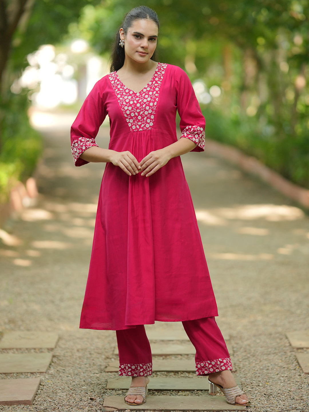  Pink Yoke Design Silk Blend A-Line Kurta With Trousers 