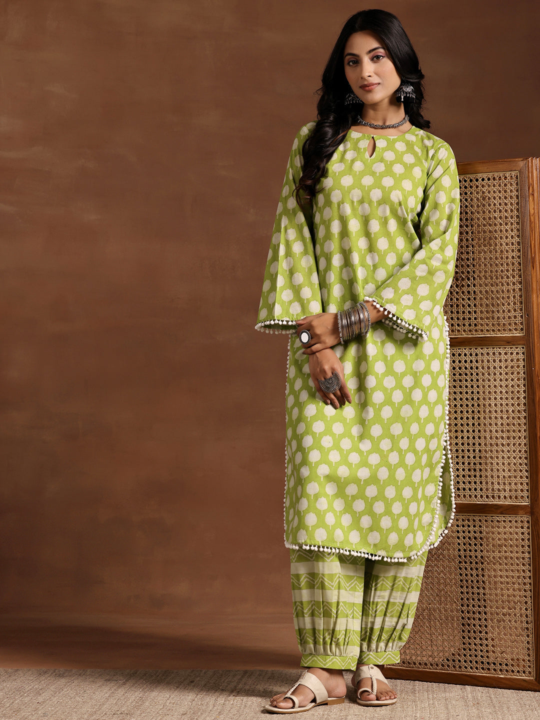 Green Printed Cotton Straight Kurta Set