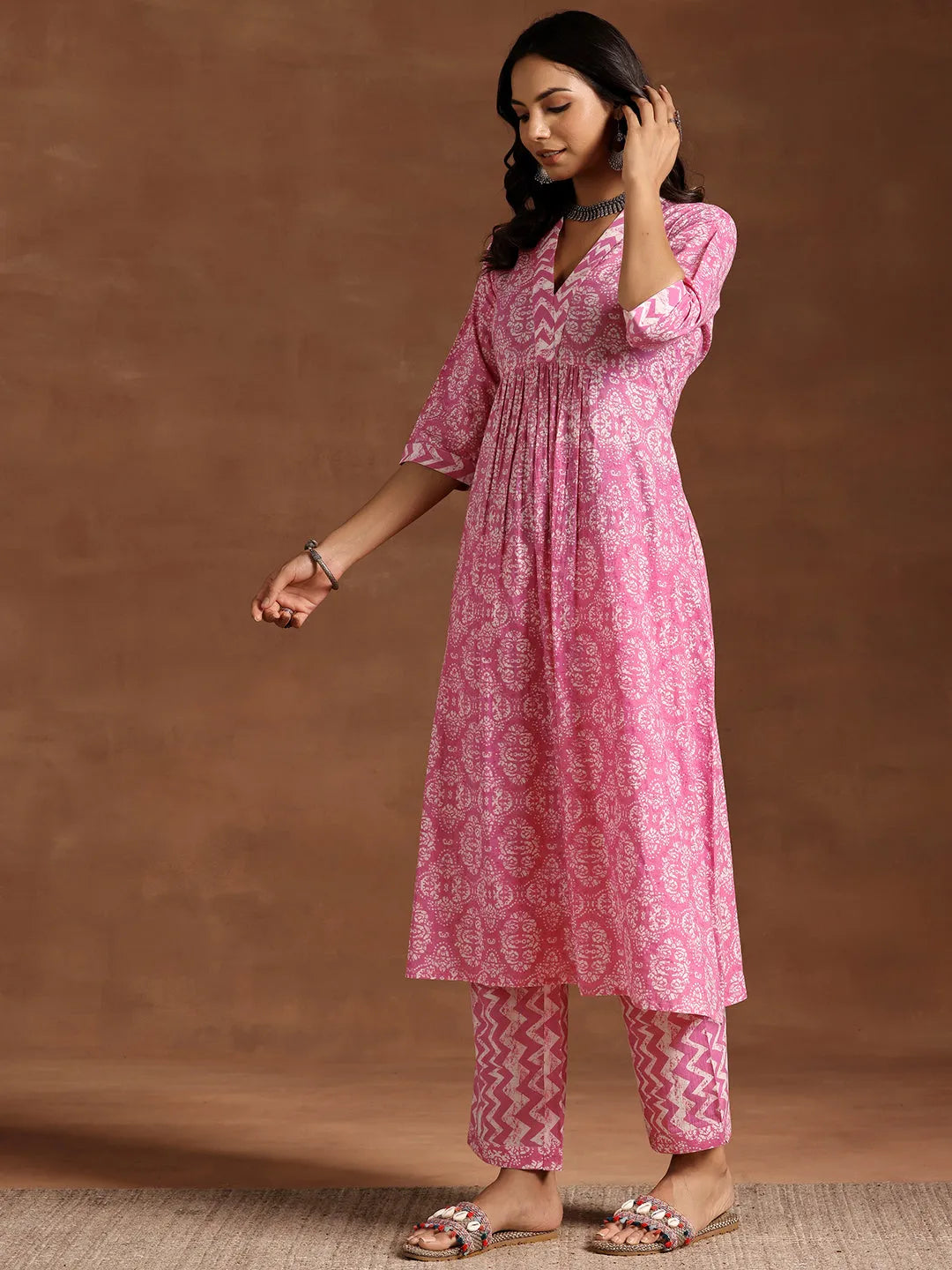  Pink Printed Cotton A-Line Kurta With Trousers 