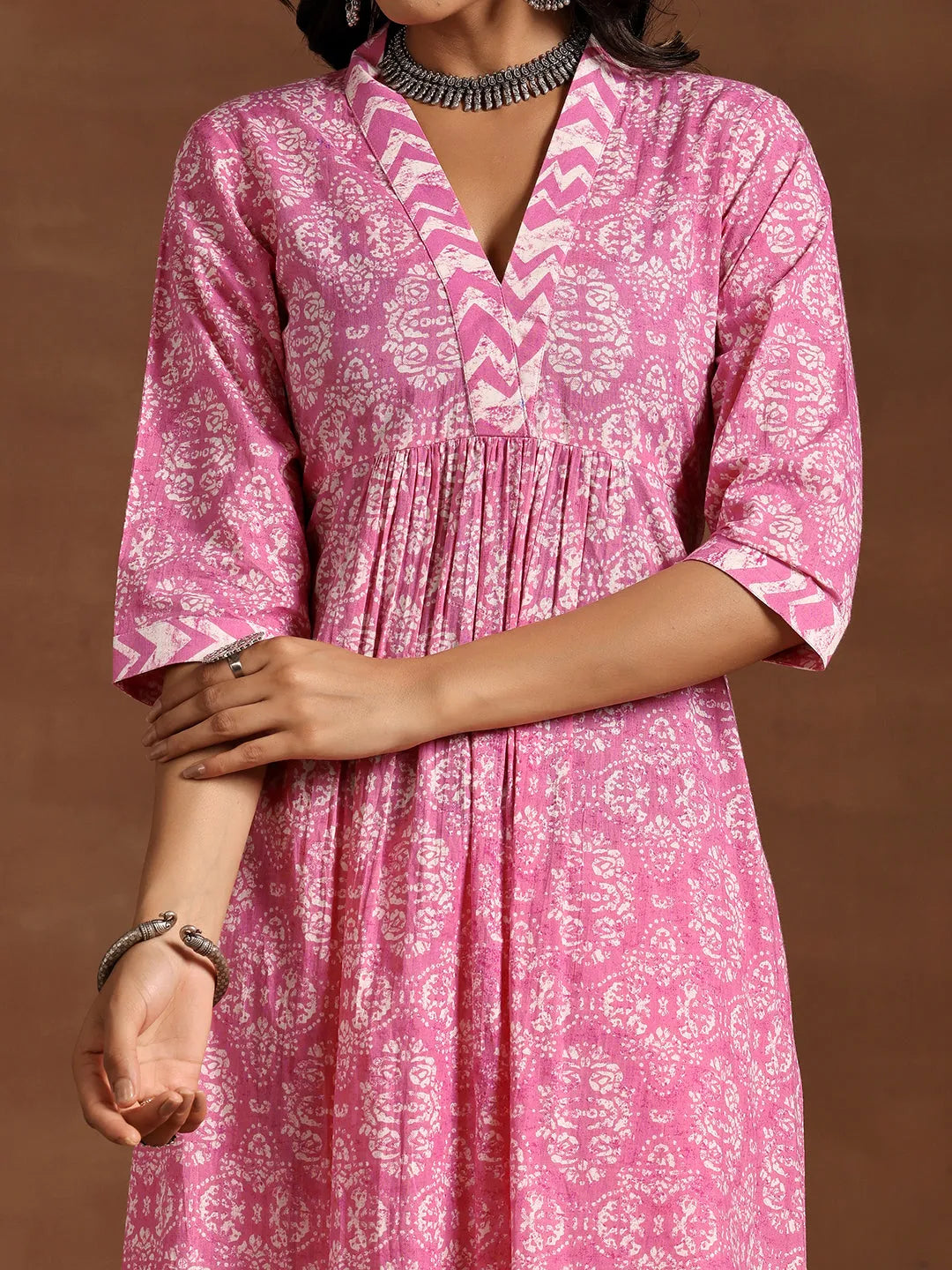  Pink Printed Cotton A-Line Kurta With Trousers 