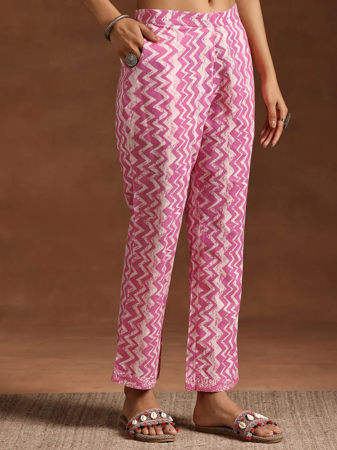  Pink Printed Cotton A-Line Kurta With Trousers 