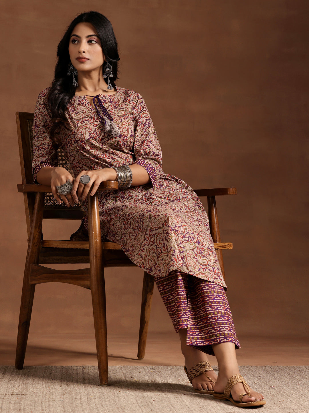 Purple Printed Cotton Straight Kurta Set