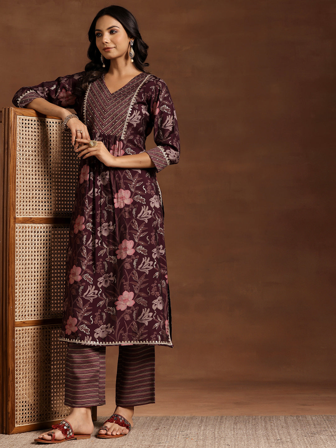  Wine Printed Silk Blend Straight Kurta Set 