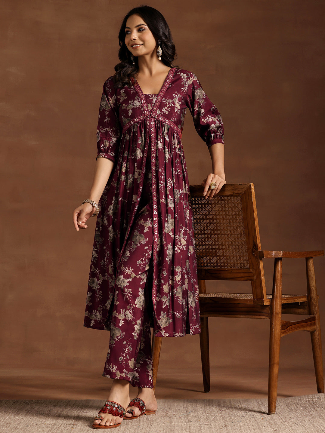 Maroon Printed Silk Blend A-line Kurta With Trousers