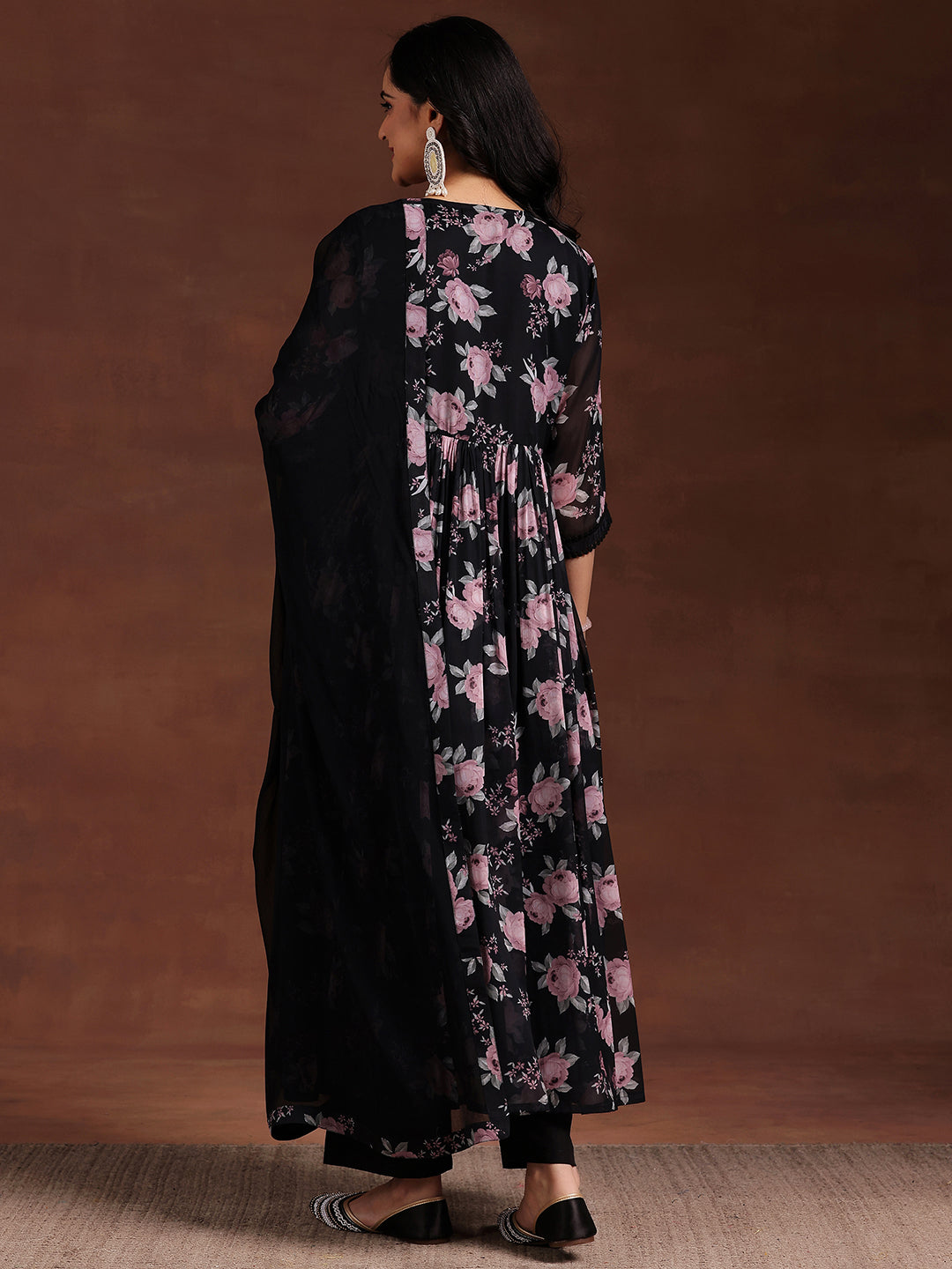  Black Printed Poly Chiffon A-Line Kurta With Trousers & Dupatta 