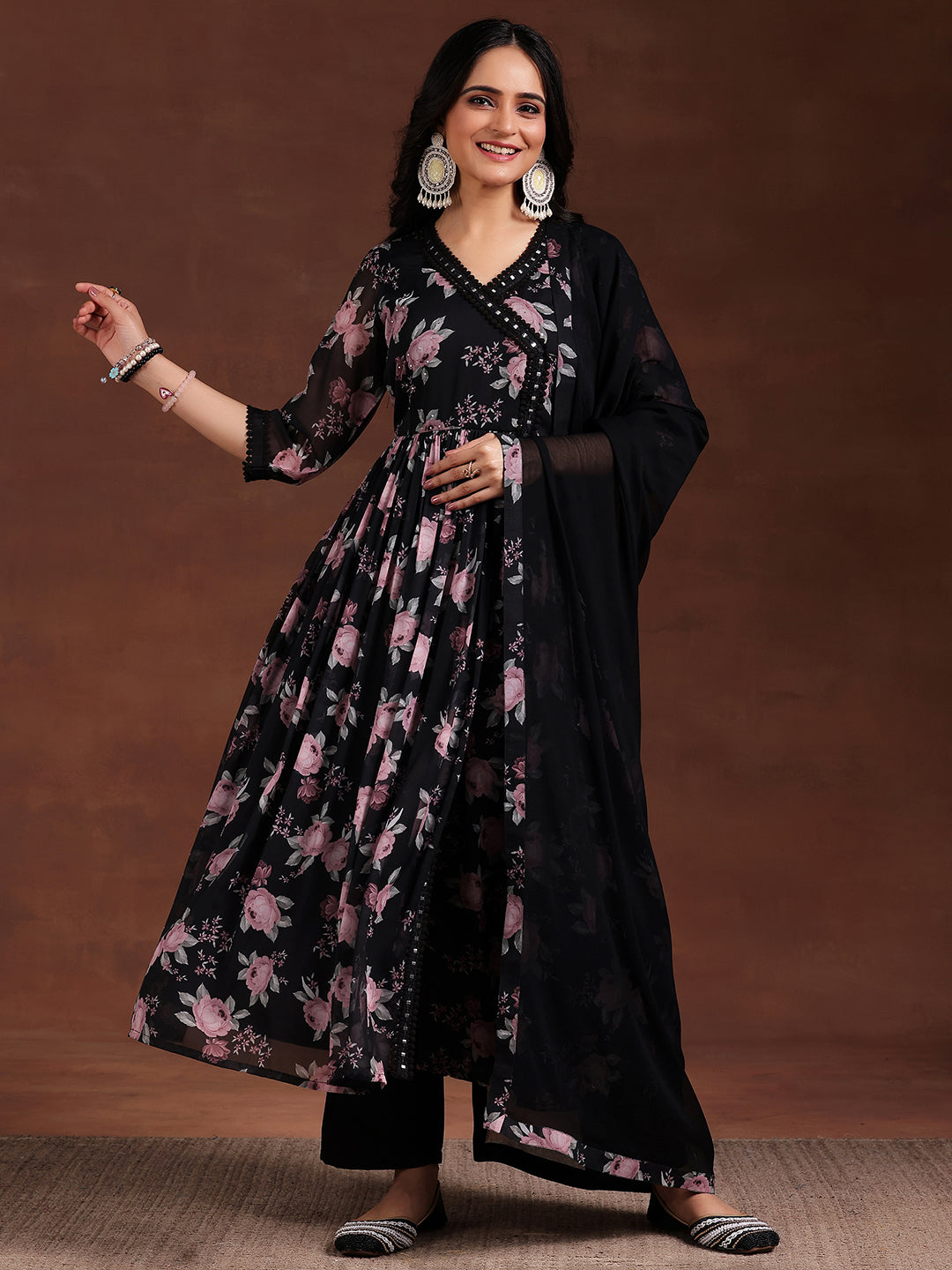  Black Printed Poly Chiffon A-Line Kurta With Trousers & Dupatta 