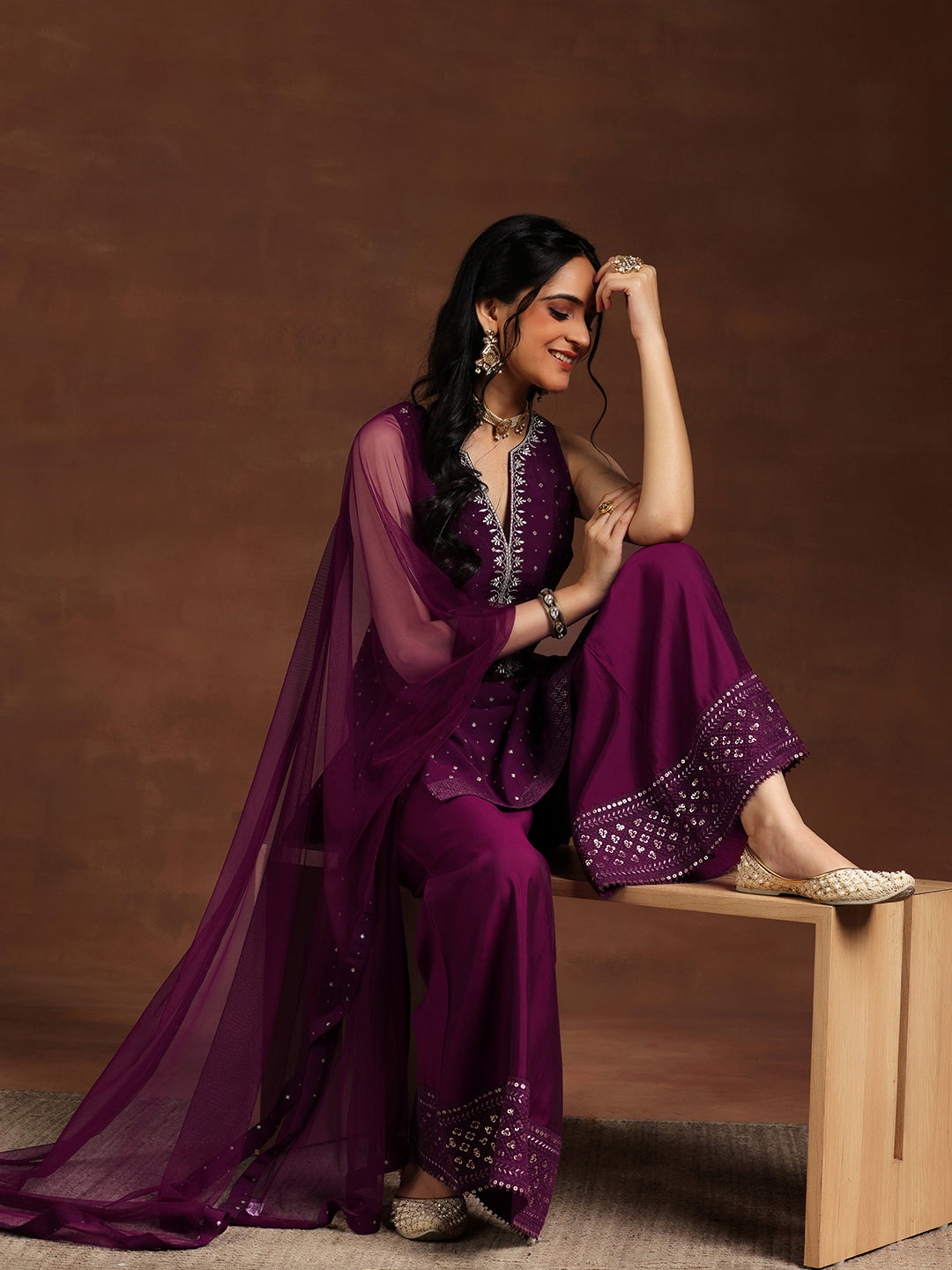 Wine Embroidered Silk Blend Straight Suit With Dupatta