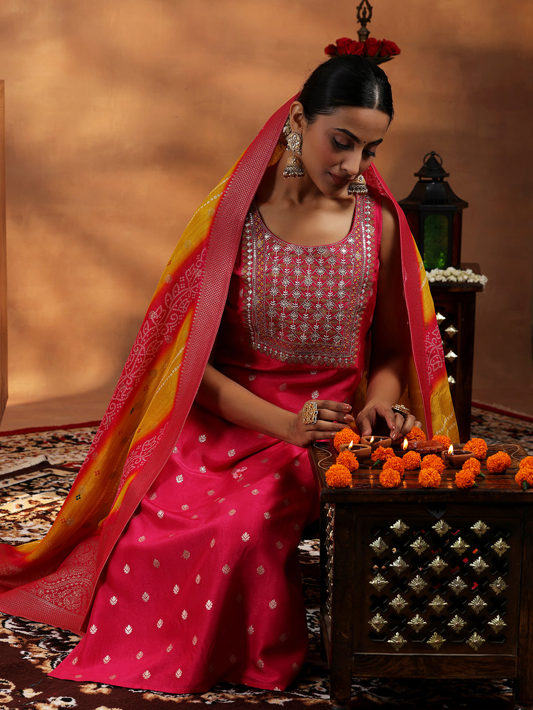 Pink Woven Design Silk Blend Straight Suit With Dupatta