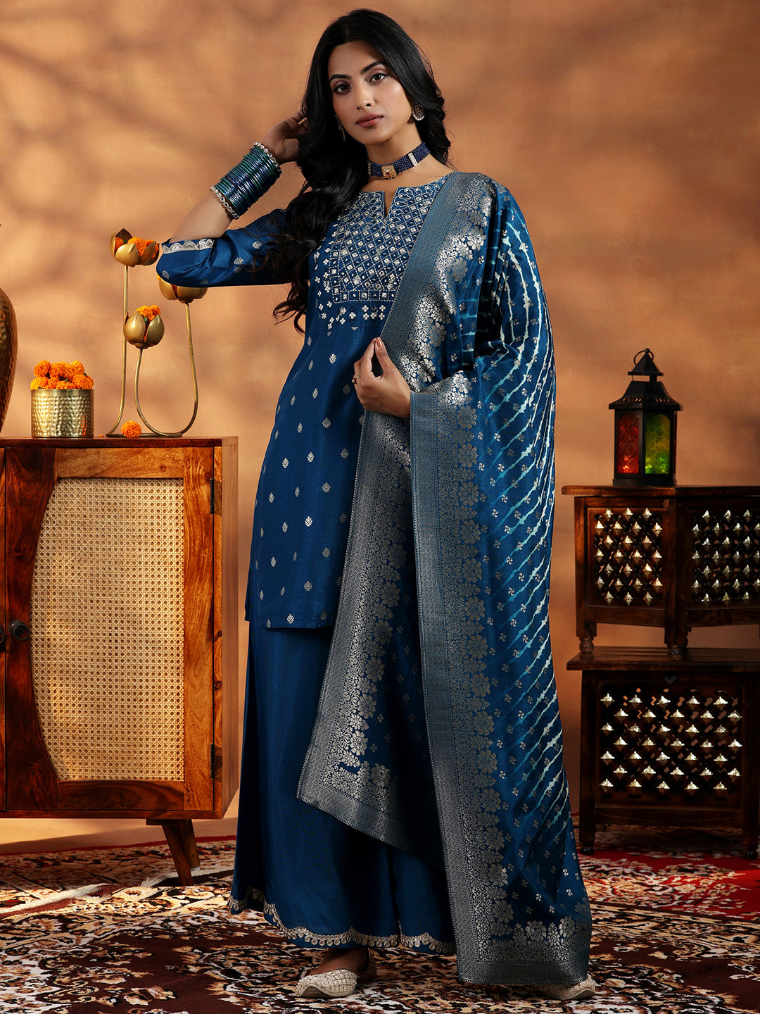  Blue Woven Design Silk Blend Straight Suit With Dupatta 