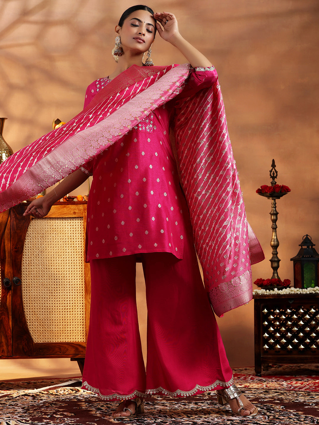  Pink Woven Design Silk Blend Straight Suit With Dupatta 