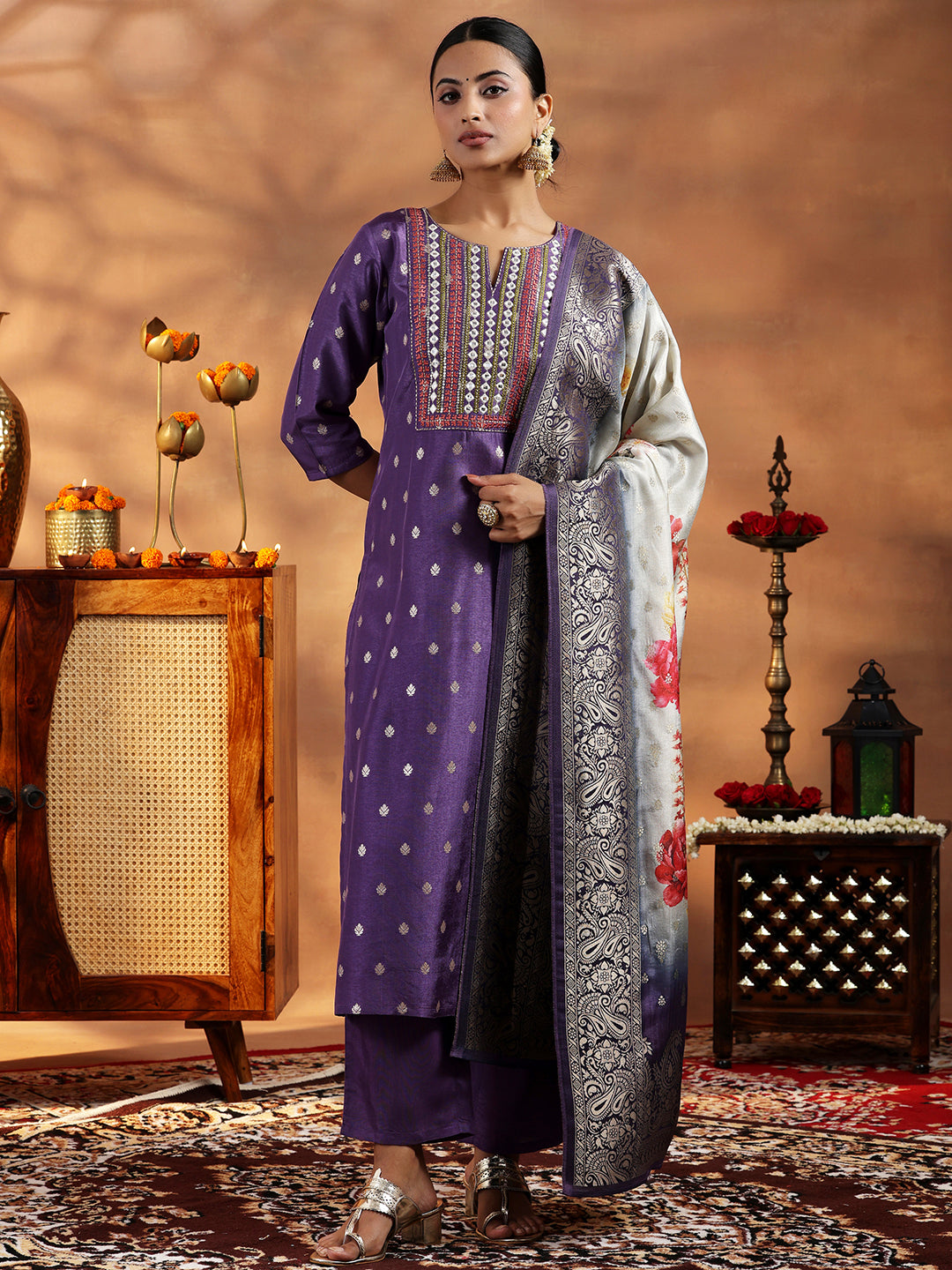  Purple Woven Design Silk Blend Straight Suit With Dupatta 