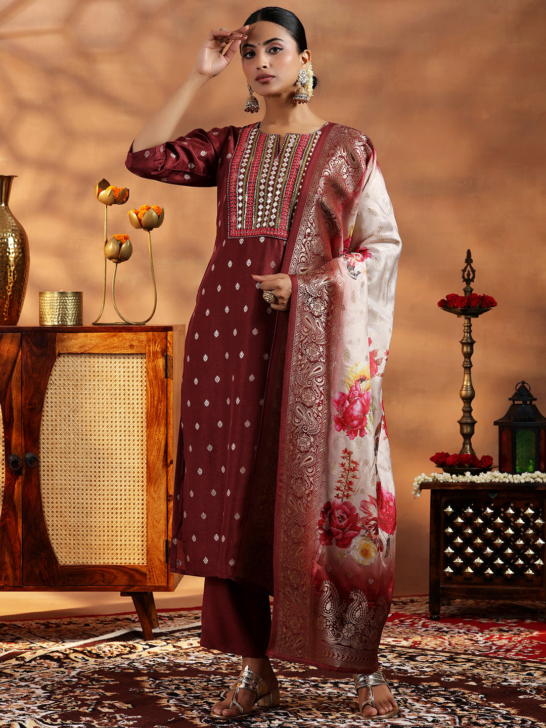  Brown Woven Design Silk Blend Straight Suit With Dupatta 