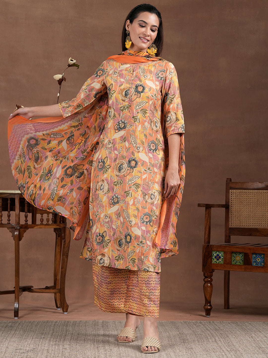  Orange Printed Silk Blend Straight Suit With Dupatta 