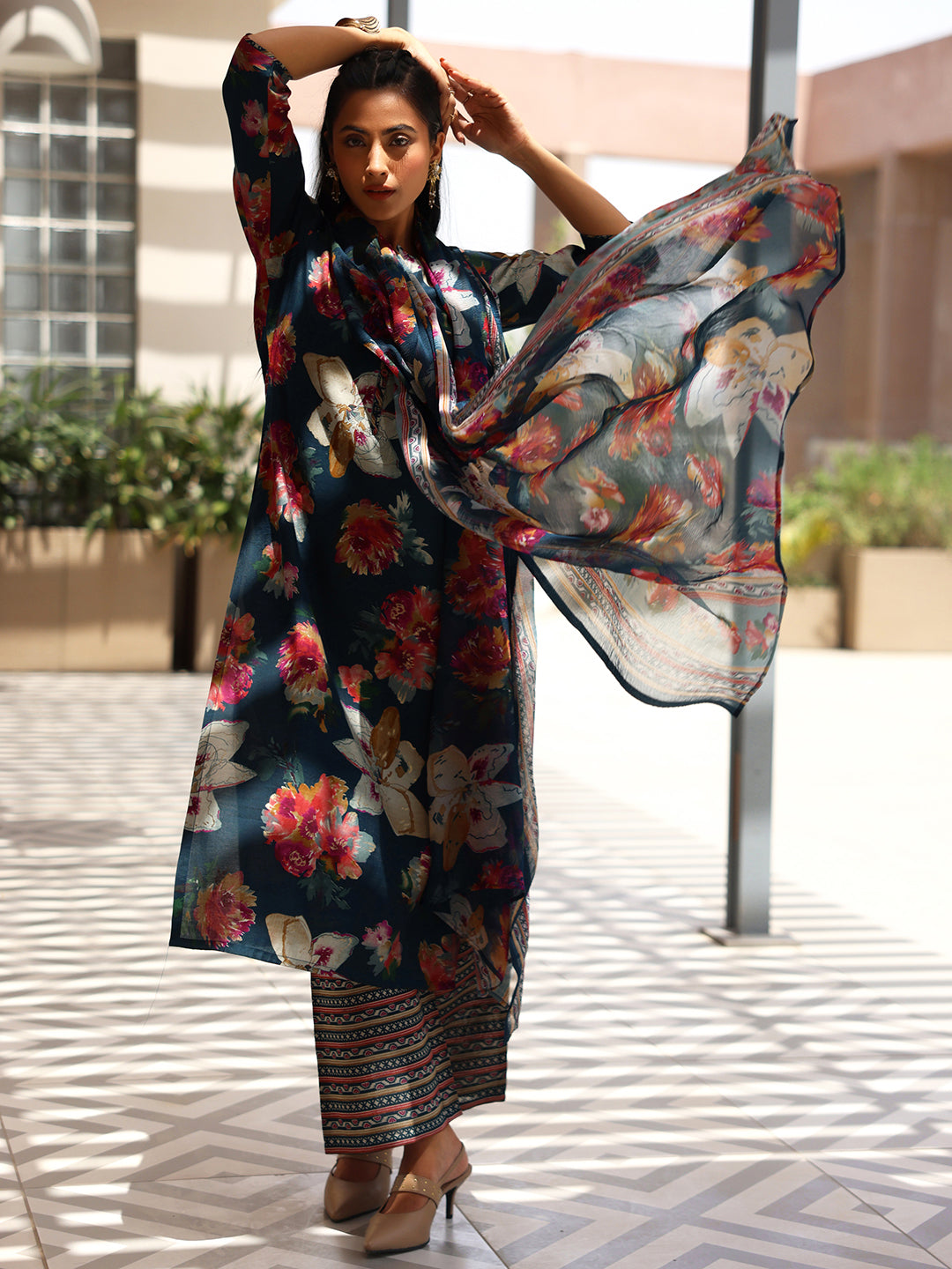  Blue Printed Silk Blend Straight Suit With Dupatta 