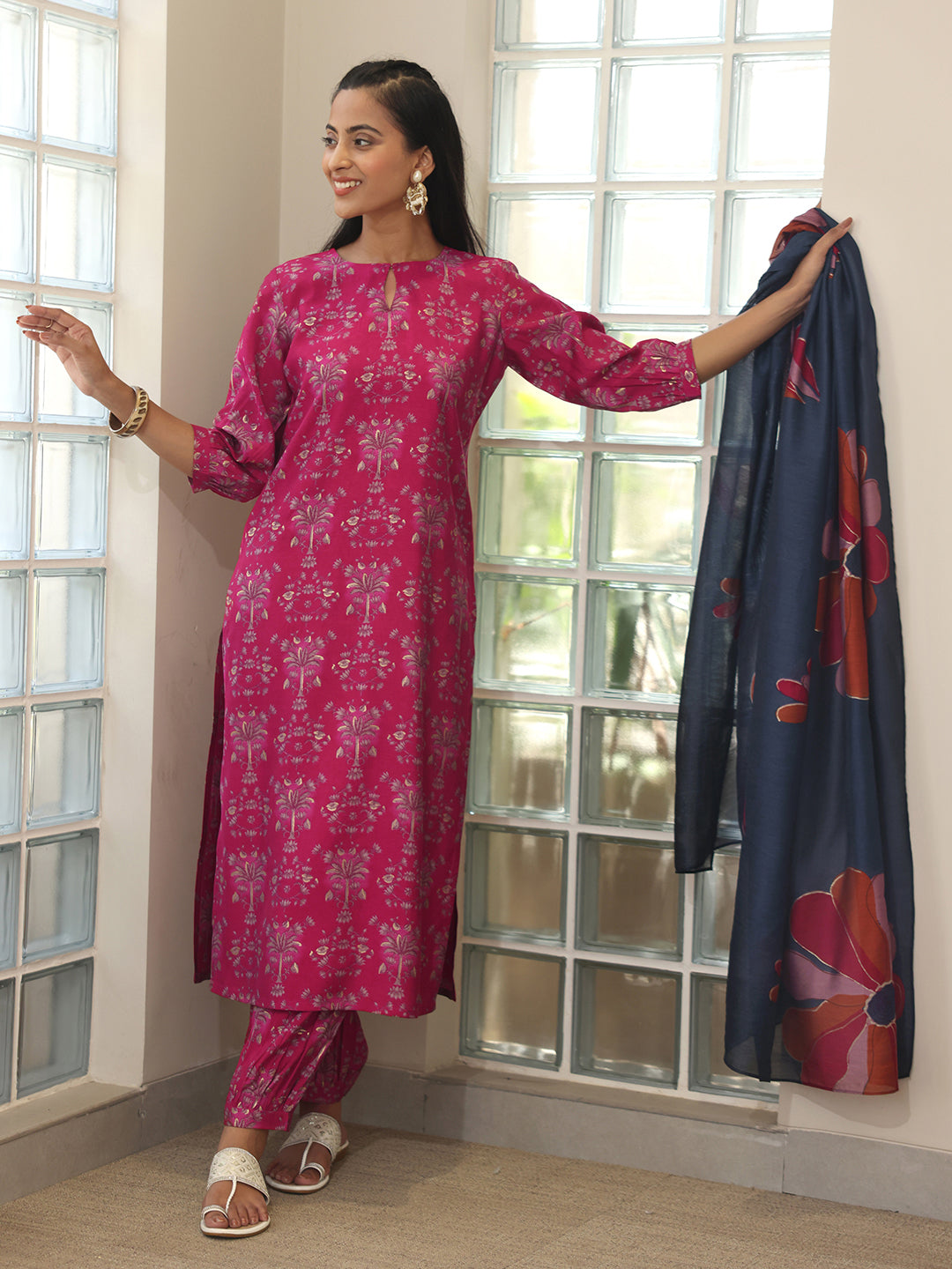 Pink Printed Silk Blend Straight Suit With Dupatta